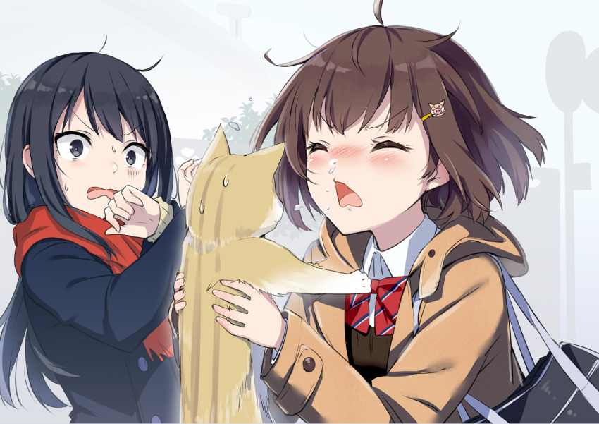 2girls ahoge animal bag bangs black_eyes black_hair black_jacket blazer blush bow bowtie brown_hair brown_jacket brown_sweater buttons carrying cat closed_eyes collared_shirt commentary_request constricted_pupils enpera furrowed_eyebrows gochou_(atemonai_heya) hair_ornament hairclip hands_up highres hood hood_down hooded_jacket jacket long_hair long_sleeves multiple_girls nose_blush open_clothes open_jacket open_mouth original outdoors red_neckwear red_scarf scarf school_bag shirt short_hair sidelocks sign sneezing snot striped striped_neckwear sweat sweater tree undershirt upper_body v-shaped_eyebrows wavy_mouth white_shirt wing_collar winter_clothes yellow_sweater