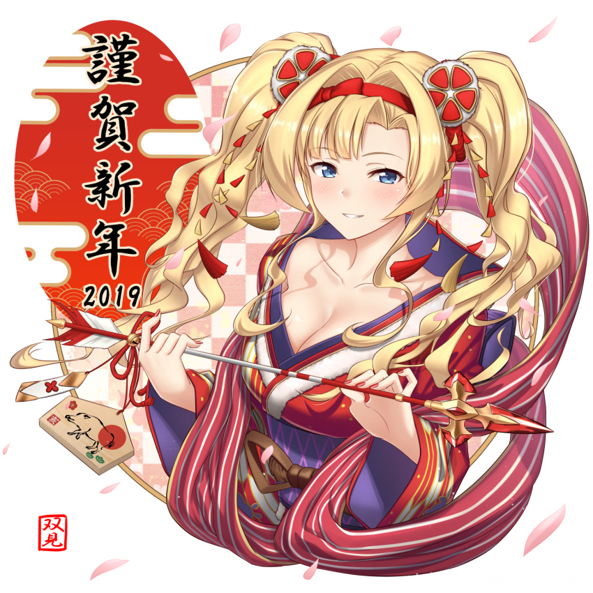 1girl 2019 arrow bangs bell blonde_hair blue_eyes blush breasts checkered cherry_blossoms cleavage collarbone commentary_request cropped_torso ema eyebrows_visible_through_hair futami_(mg42fw190d) gem granblue_fantasy hagoromo hair_intakes hair_ornament hair_ribbon hairband hamaya happy_new_year highres holding holding_arrow japanese_clothes jingle_bell kimono large_breasts light_smile long_hair long_sleeves looking_at_viewer nail_polish nengajou new_year obi parted_bangs parted_lips red_hairband red_kimono red_nails red_ribbon ribbon sash shadow shawl shiny shiny_hair sidelocks solo tassel translated twintails upper_body wavy_hair white_background wide_sleeves zeta_(granblue_fantasy)