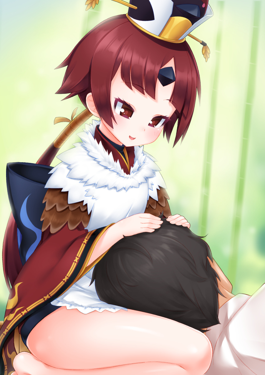 1boy 1girl apron bamboo bangs benienma_(fate/grand_order) black_hair blue_bow blue_shorts blurry blurry_background blush bow brown_eyes brown_hair brown_hat brown_kimono commentary_request depth_of_field eyebrows_visible_through_hair fate/grand_order fate_(series) fingernails fujimaru_ritsuka_(male) hands_on_another's_head hat highres jacket japanese_clothes kimono kirisame_mia lap_pillow long_hair long_sleeves low_ponytail parted_bangs parted_lips ponytail short_shorts shorts smile very_long_hair white_apron white_jacket wide_sleeves