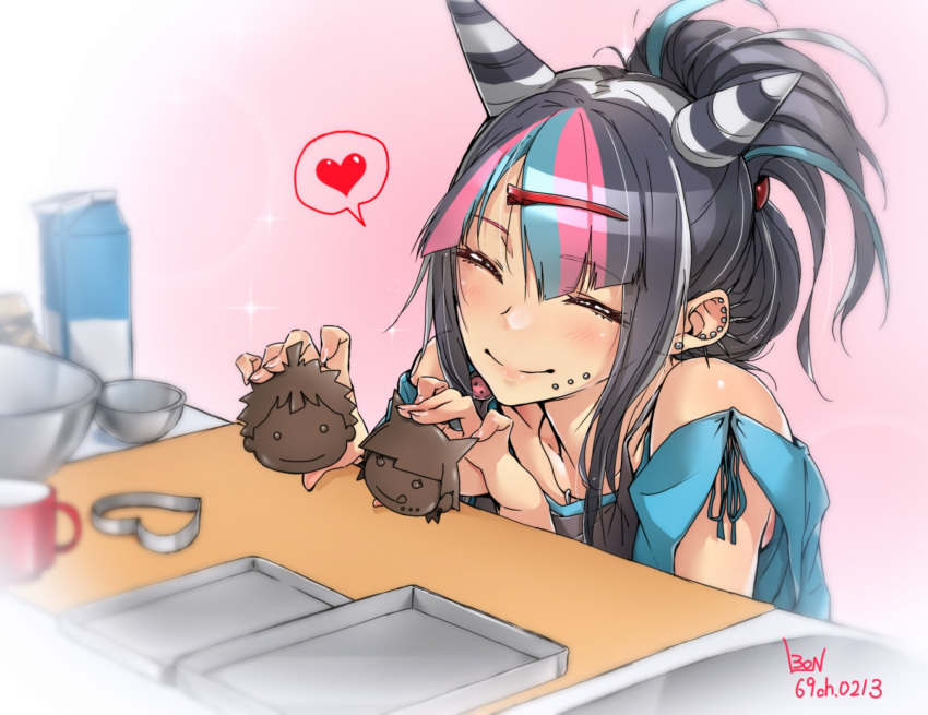 1girl black_hair blush breasts closed_eyes cookie cooking dangan_ronpa ear_piercing eyebrows_visible_through_hair food hair_ornament hairclip heart highres jewelry long_hair mioda_69ch mioda_ibuki multicolored_hair navel piercing pink_eyes pink_hair smile super_dangan_ronpa_2 very_long_hair white_background white_hair