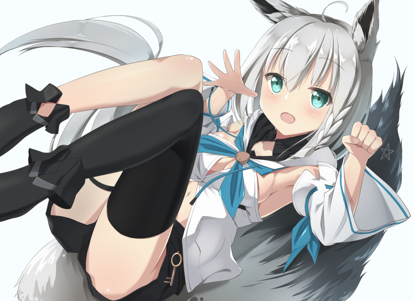 1girl ahoge aies animal_ears armpits bangs black_shorts blue_eyes blush braid breasts cleavage collarbone commentary detached_sleeves feet_out_of_frame fox_ears fox_girl fox_tail hair_between_eyes highres hololive key legband long_hair looking_at_viewer lying medium_breasts on_back open_mouth shirakami_fubuki shorts side_braid sideboob silver_hair single_thighhigh smile solo tail thigh-highs virtual_youtuber
