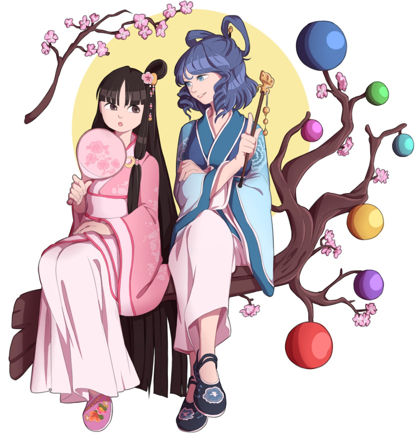 2girls :o alternate_costume alternate_hairstyle bangs black_eyes black_footwear black_hair blue_eyes blue_hair blunt_bangs branch cherry_blossoms circle drill_hair fan floral_print flower hair_ornament hair_rings hair_stick highres holding holding_fan houraisan_kaguya index_finger_raised japanese_clothes jeweled_branch_of_hourai kaku_seiga legs_crossed long_hair looking_at_another mefomefo multiple_girls no_socks paper_fan parted_lips pink_flower print_footwear purple_footwear shoes short_hair side-by-side sitting smile swept_bangs touhou tree uchiwa very_long_hair white_background wide_sleeves