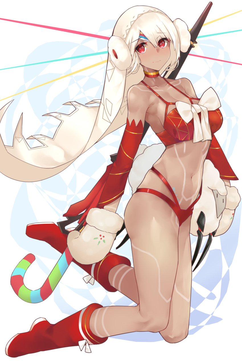 1girl absurdres altera_(fate) altera_the_santa armpits artist_name bare_shoulders bikini blush boots bow breasts bright_pupils candy candy_cane choker cleavage closed_mouth commentary_request dark_skin dated detached_sleeves earmuffs fate/grand_order fate_(series) food full_body highres knee_boots kneeling long_sleeves looking_at_viewer medium_breasts mittens peng_yong red_bikini red_choker red_eyes red_footwear sheep short_hair silver_hair smile solo swimsuit tattoo two-tone_background veil white_bow