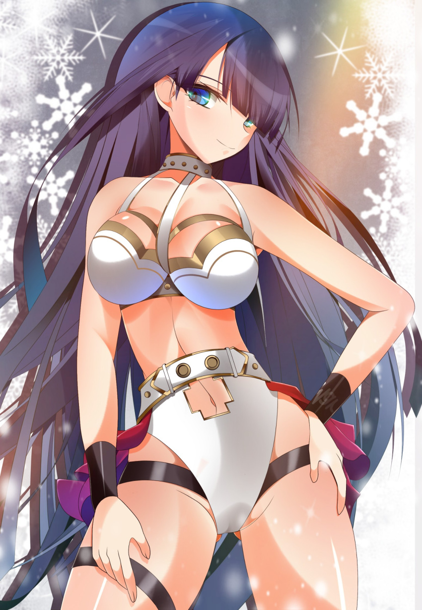 1girl bangs bikini blue_eyes blunt_bangs breasts commentary_request fate/grand_order fate_(series) hand_on_hip highres holy_maiden's_teaching large_breasts light_smile long_hair navel navel_cutout purple_hair saint_martha smug snowflake_background solo swimsuit thigh_strap very_long_hair waist_cape white_bikini wrestling_outfit wristband yahoo0124