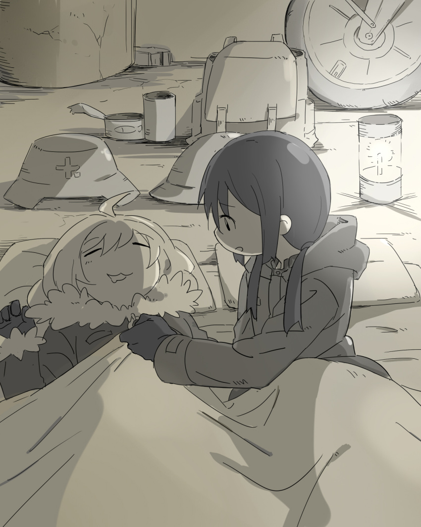 2girls :3 ahoge backpack backpack_removed bag black_hair brodie_helmet can canned_food chito_(shoujo_shuumatsu_ryokou) drooling fur_trim gloves headwear_removed helmet helmet_removed highres lantern military military_uniform multiple_girls sepia shoujo_shuumatsu_ryokou sleeping stahlhelm tucking_in under_covers uniform yoshimi_(yasinatongren) yuuri_(shoujo_shuumatsu_ryokou)