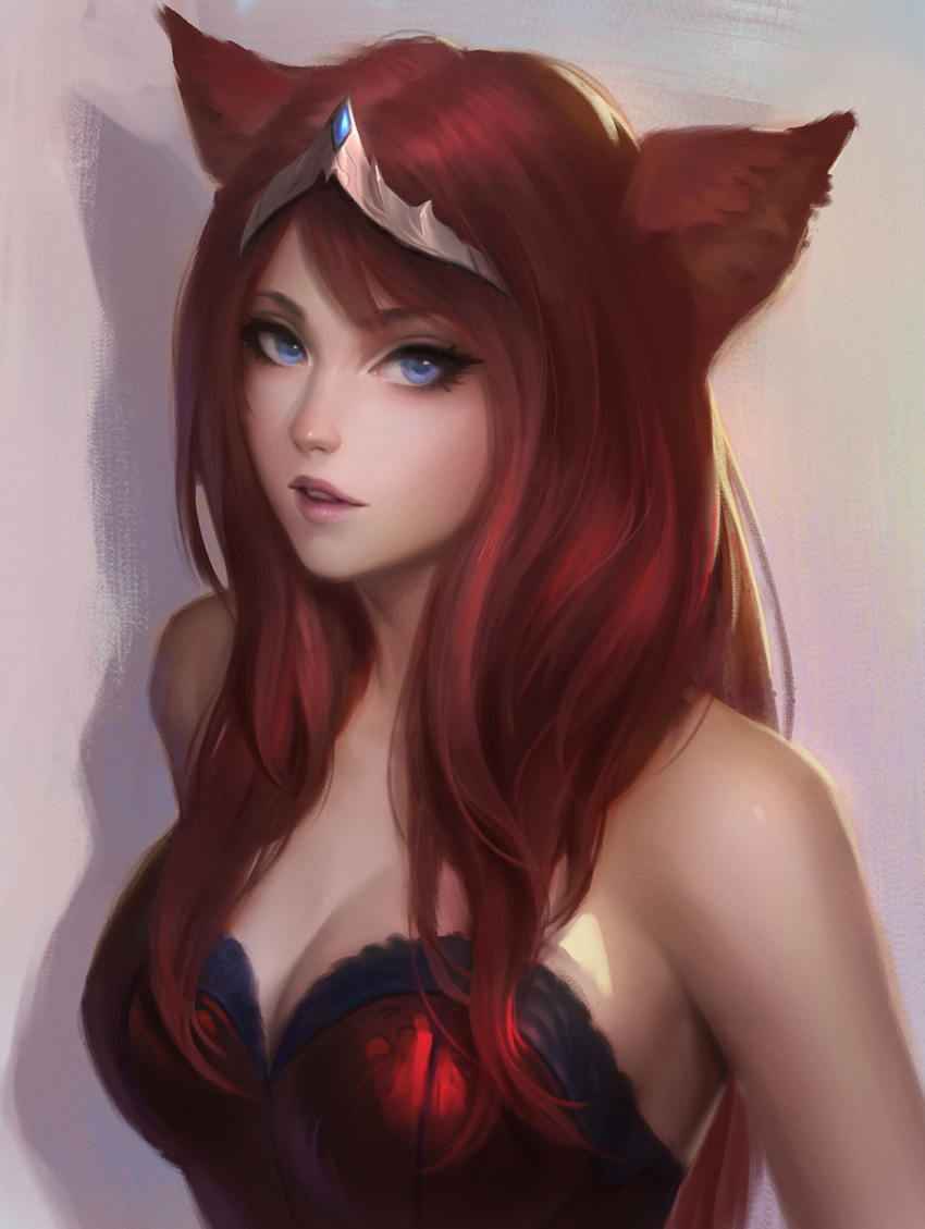 1girl animal_ears bare_shoulders blue_eyes bustier cat_ears circlet commission final_fantasy final_fantasy_xiv highres lips long_hair looking_at_viewer miqo'te nguyen_uy_vu parted_lips purple_background redhead simple_background solo strapless upper_body