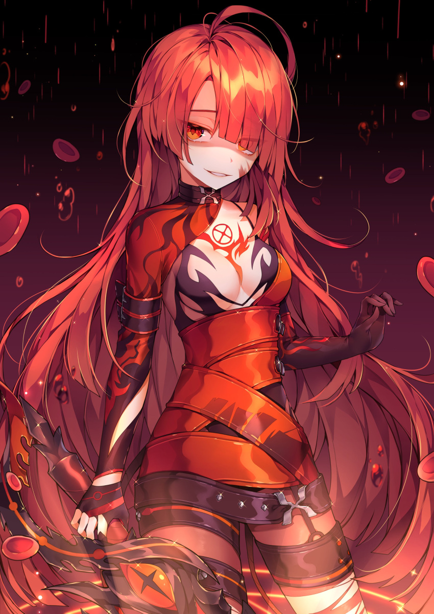 1girl absurdres ahoge asymmetrical_clothes black_gloves bloody_queen_(elsword) breasts chest_tattoo cleavage cowboy_shot elesis_(elsword) elsword gloves grey_background ha_youn highres long_hair looking_at_viewer medium_breasts open_mouth orange_eyes pantyhose redhead smile solo tattoo