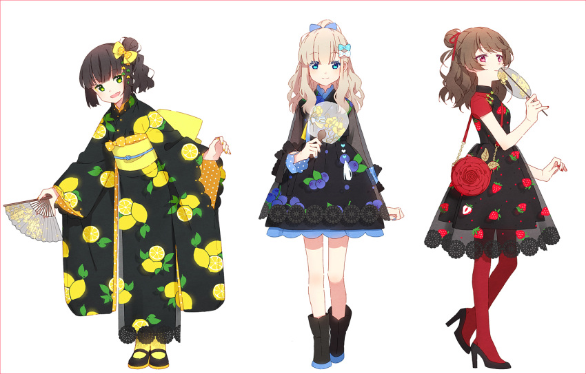 3girls :d bag bangs black_dress black_footwear black_kimono blue_bow blue_eyes blush boots bow breasts brown_hair closed_mouth dress eyebrows_visible_through_hair fan fang fingernails folding_fan food_print hair_bow hair_bun hakusai_(tiahszld) hand_up high_heels high_ponytail holding holding_fan japanese_clothes kimono leaning_to_the_side lemon_print light_brown_hair long_hair long_sleeves looking_at_viewer multiple_girls nail_polish obi one_side_up open_mouth original pantyhose paper paper_fan polka_dot polka_dot_bow ponytail print_dress print_kimono red_eyes red_legwear red_nails sash see-through see-through_sleeves shoes short_dress short_sleeves shoulder_bag side_bun sidelocks small_breasts smile socks standing standing_on_one_leg transparent white_bow wide_sleeves yellow_bow yellow_legwear