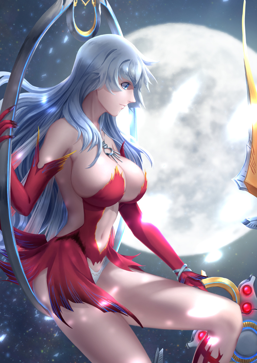 1girl absurdres airysher artemis_(fate/grand_order) blue_eyes breasts commentary_request dress elbow_gloves fate/grand_order fate_(series) full_moon gloves highres hoop huge_breasts long_hair looking_away moon navel night night_sky red_dress red_gloves revealing_clothes short_dress silver_hair sitting sky solo very_long_hair