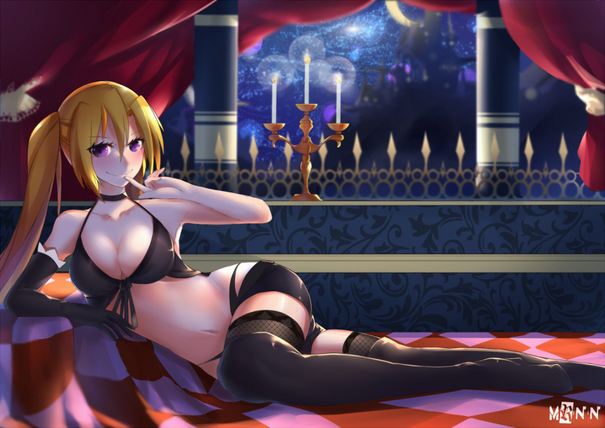 1girl bed blonde_hair boots lieselotte_sherlock mrnn thigh-highs thigh_boots trinity_seven twintails violet_eyes