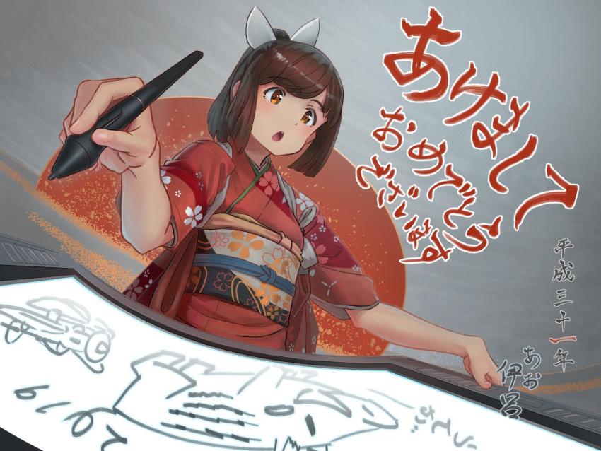 1girl 2019 aircraft airplane ao_iro boar brown_eyes brown_hair chestnut_mouth chinese_zodiac commentary_request drawing_tablet fisheye floral_print grey_background hair_ornament hairclip happy_new_year highres i-401_(kantai_collection) japanese_clothes kantai_collection kimono new_year ponytail red_kimono solo stylus tan translated upper_body year_of_the_pig