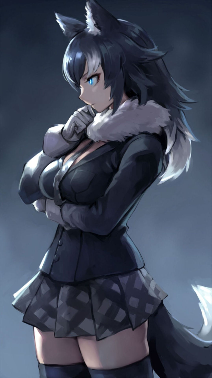 1girl animal_ears black_hair black_legwear blazer blue_eyes breast_hold breast_pocket breasts cowboy_shot from_side fur_collar fur_trim gloves glowing glowing_eye grey_wolf_(kemono_friends) hand_to_own_mouth highres jacket kemono_friends large_breasts long_hair looking_away multicolored_hair necktie oopartz_yang pleated_skirt pocket skirt solo tail thigh-highs two-tone_hair white_gloves wolf_ears wolf_girl wolf_tail