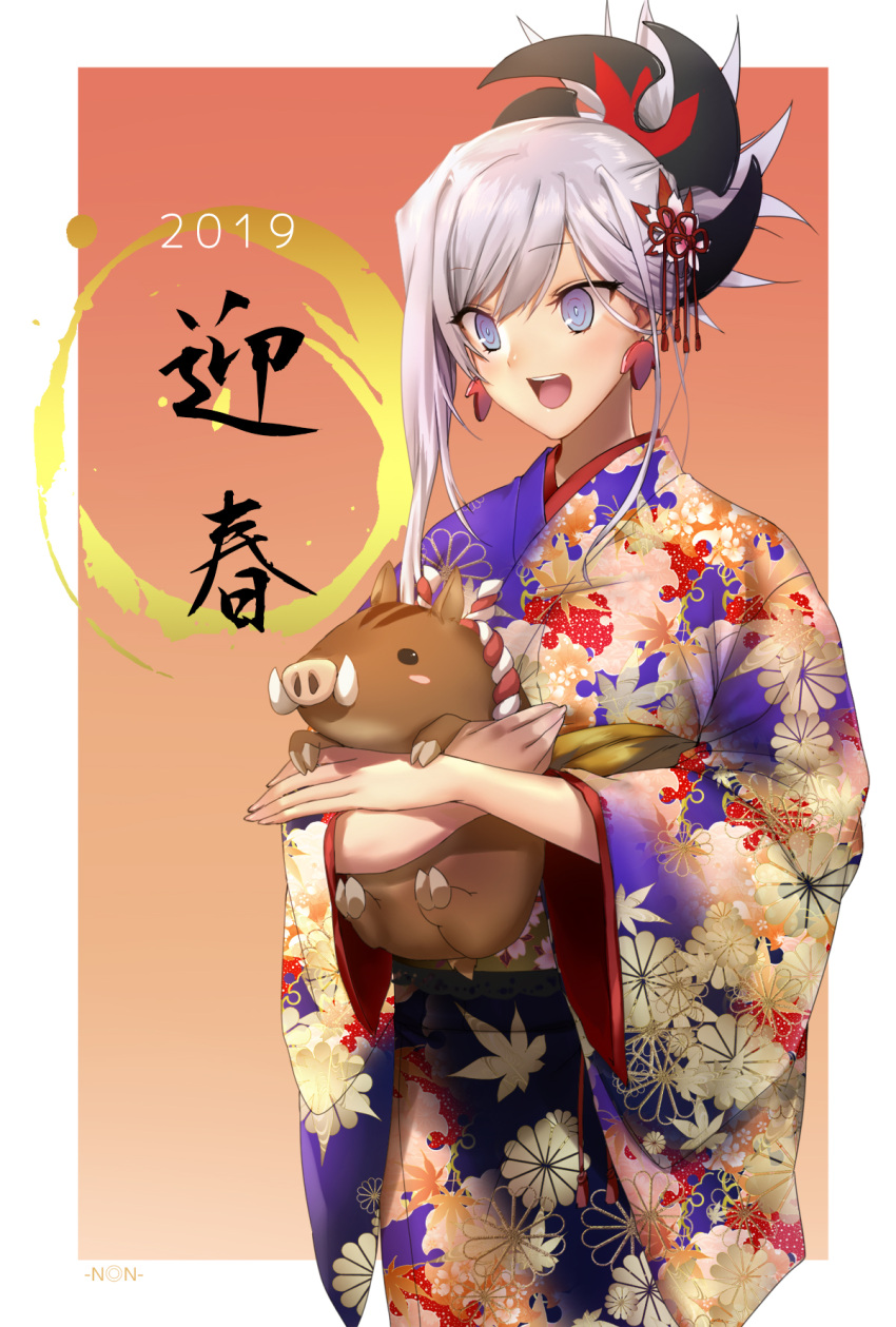 1girl 2019 animal artist_name asymmetrical_bangs bangs commentary_request eyebrows_visible_through_hair fate/grand_order fate_(series) floral_print flower gradient gradient_background grey_eyes hair_between_eyes hair_flower hair_ornament hair_up highres holding holding_animal japanese_clothes kimono long_sleeves miyamoto_musashi_(fate/grand_order) non_(nonzile) obi open_mouth pig pink_hair purple_kimono ringed_eyes sash smile translated tusks wide_sleeves