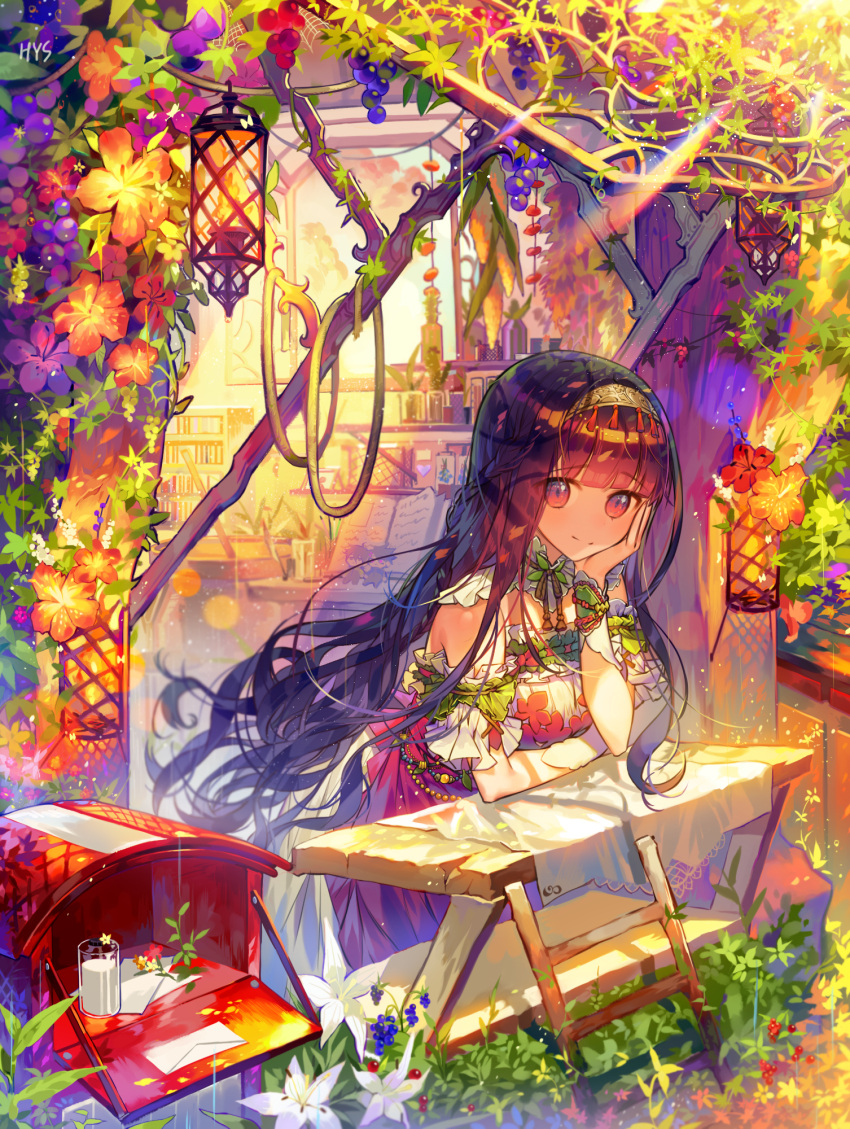 1girl berries black_hair book brown_hair commentary_request cup day dress envelope flower glass hand_on_own_face hayanse highres lantern leaning_forward long_hair looking_at_viewer milk open_book orange_flower original solo sunlight sunset very_long_hair white_dress white_flower
