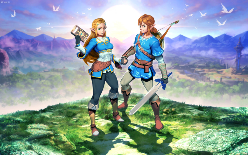 1boy 1girl arm_guards bangs belt bird blonde_hair blue_pants blue_shirt blue_tunic book bow_(weapon) brown_footwear brown_hair commentary_request fingerless_gloves genzoman gloves grass green_eyes grin hair_ornament hairclip hand_holding highres holding holding_book holding_sword holding_weapon landscape link looking_at_viewer master_sword mountainous_horizon nature nintendo pants pointy_ears princess_zelda shield shirt sky smile strap sun sword the_legend_of_zelda the_legend_of_zelda:_breath_of_the_wild tree tunic weapon