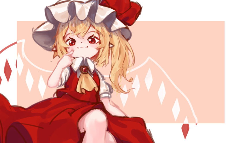 1girl :i arm_up blonde_hair brooch commentary cravat english_commentary feet_out_of_frame finger_to_cheek flandre_scarlet from_below hair_between_eyes hat hat_ribbon jewelry looking_at_viewer looking_down mob_cap pink_background pointy_ears puffy_short_sleeves puffy_sleeves red_eyes red_skirt red_vest ribbon shirt short_hair short_sleeves side_ponytail sitting sketch skirt solo touhou two-tone_background vest white_background white_shirt wings yellow_neckwear yoruny