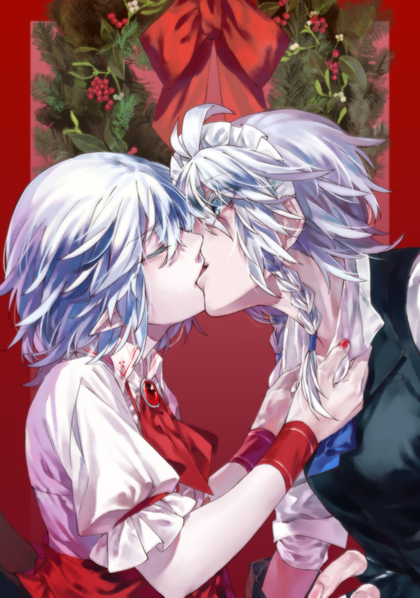 2girls black_vest blouse blue_eyes blue_neckwear braid brooch christmas_wreath closed_eyes collar_grab cravat eyebrows_visible_through_hair eyelashes from_side hair_between_eyes hair_ribbon highres indoors izayoi_sakuya jewelry kiss light_blue_hair looking_at_another maid_headdress multiple_girls nail_polish pink_blouse pointy_ears red_background red_nails red_neckwear remilia_scarlet ribbon sash shirt short_hair shouzuo silver_hair sleeves_rolled_up touhou tress_ribbon twin_braids upper_body vest white_shirt wrist_cuffs yuri