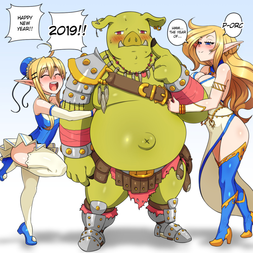 1boy 2019 2girls arm_hug armlet asymmetrical_clothes belly blonde_hair blue_eyes blue_legwear blush boots bracelet breasts chinese_zodiac cleavage closed_eyes detached_sleeves ear_piercing earrings english_text fang_necklace fangs green_skin happy_new_year high_heel_boots high_heels highres jewelry kawa-v large_breasts leg_up long_hair looking_at_another monster_boy multiple_girls navel necklace new_year open_mouth orc original piercing pointy_ears shoulder_armor skirt small_breasts smile snout speech_bubble standing stomach strap thick_thighs thigh-highs thigh_boots thighs tiptoes white_legwear wrist_wrap year_of_the_pig