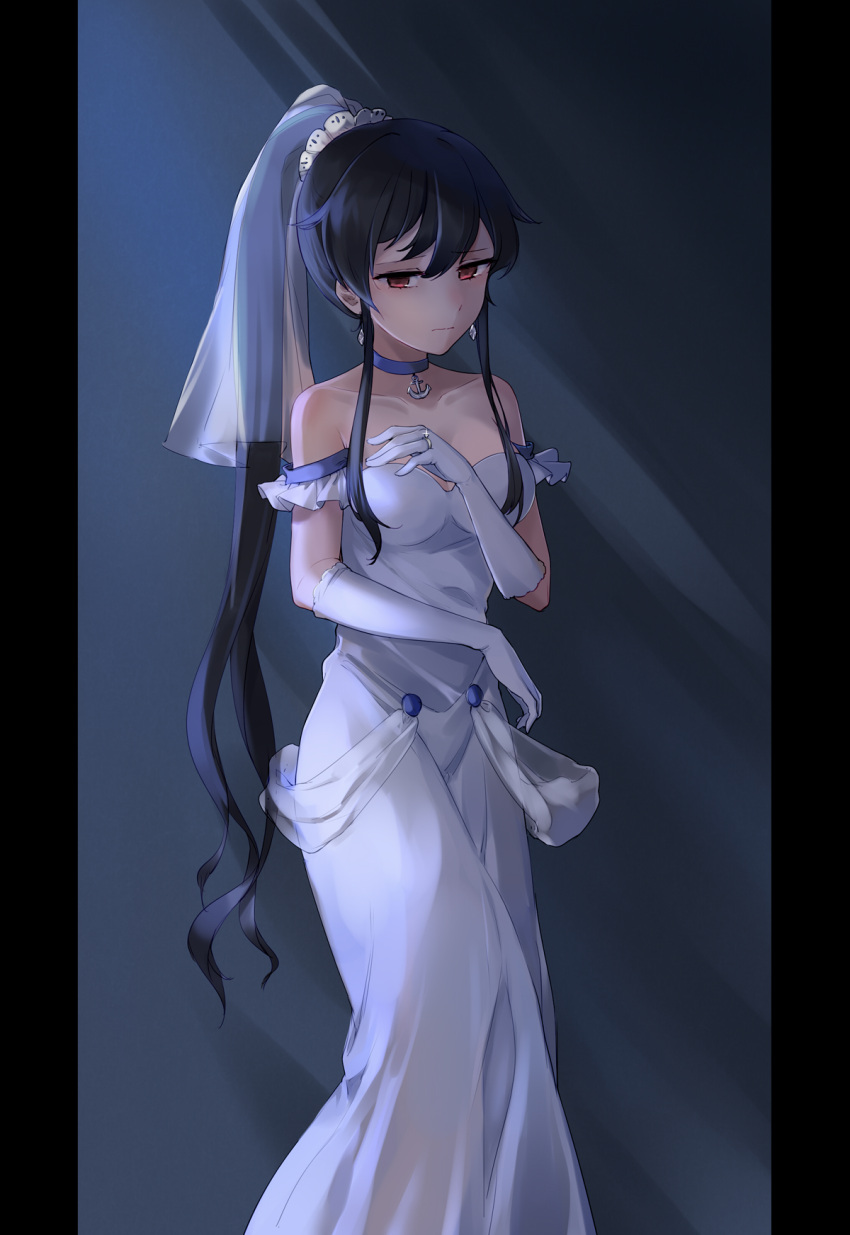 1girl black_hair breasts bridal_veil choker collarbone dress earrings elbow_gloves gloves grey_background high_ponytail highres jewelry kantai_collection long_dress long_hair medium_breasts red_eyes sleeveless sleeveless_dress solo standing strapless strapless_dress veil very_long_hair wedding_dress white_dress white_gloves yahagi_(kantai_collection) yorktown_cv-5