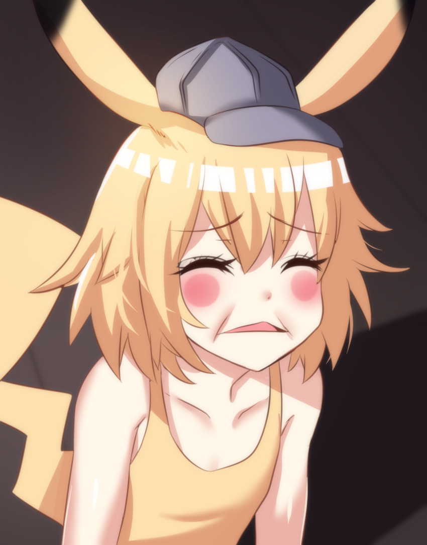 1girl animal_ears artist_request bare_shoulders baseball_cap blonde_hair blurry blurry_background blush_stickers camisole closed_eyes creatures_(company) depth_of_field detective_pikachu eyebrows_visible_through_hair facing_viewer game_freak gen_1_pokemon grey_hat grimace hat highres hinghoi nintendo open_mouth personification photo-referenced pikachu pikachu_ears pikachu_tail pokemon pokemon_ears short_hair solo tail upper_body