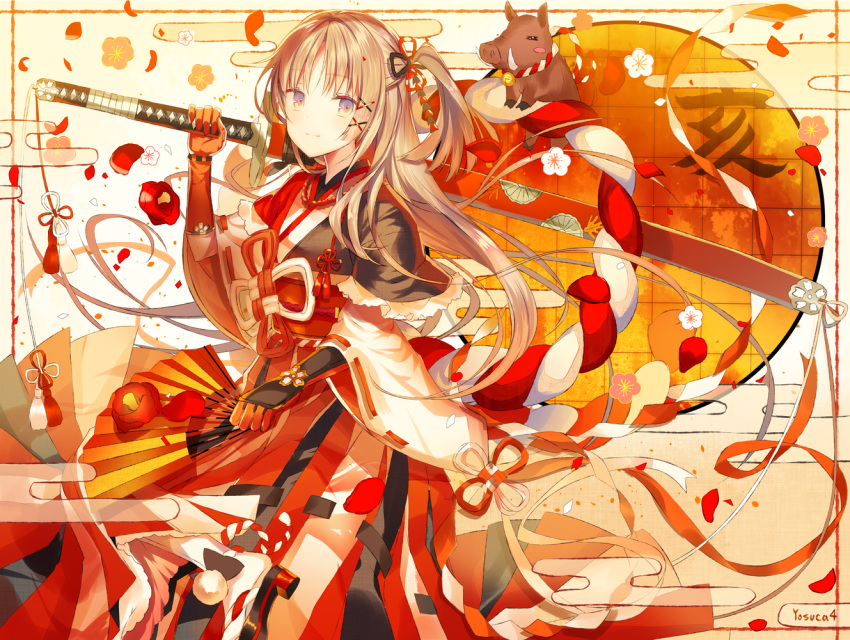 1girl bell boar brown_hair closed_mouth egasumi eyebrows_visible_through_hair fan flower folding_fan gloves hair_ornament holding holding_sword holding_weapon io_enishi jingle_bell katana long_hair new_year obi one_side_up original petals ribbon-trimmed_sleeves ribbon_trim sash sheath sheathed smile sword very_long_hair violet_eyes weapon x_hair_ornament