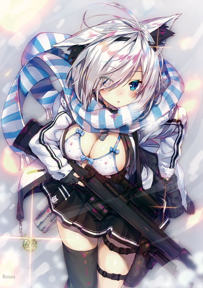 1girl absurdres animal_ears artist_name bangs black_gloves blue_eyes blush bra breasts cleavage dog_tags eyebrows_visible_through_hair fingerless_gloves fingernails fur_trim gloves gun hair_over_one_eye headset highres holding holster jacket large_breasts long_sleeves looking_at_viewer melonbooks open_mouth pale_skin pleated_skirt polka_dot polka_dot_bra rifle rozea_(graphmelt) scan scarf scope shiny shiny_clothes shiny_hair shiny_skin silver_hair simple_background single_thighhigh skirt solo sparkle striped thigh-highs thigh_holster underwear vertical_stripes weapon winter_clothes
