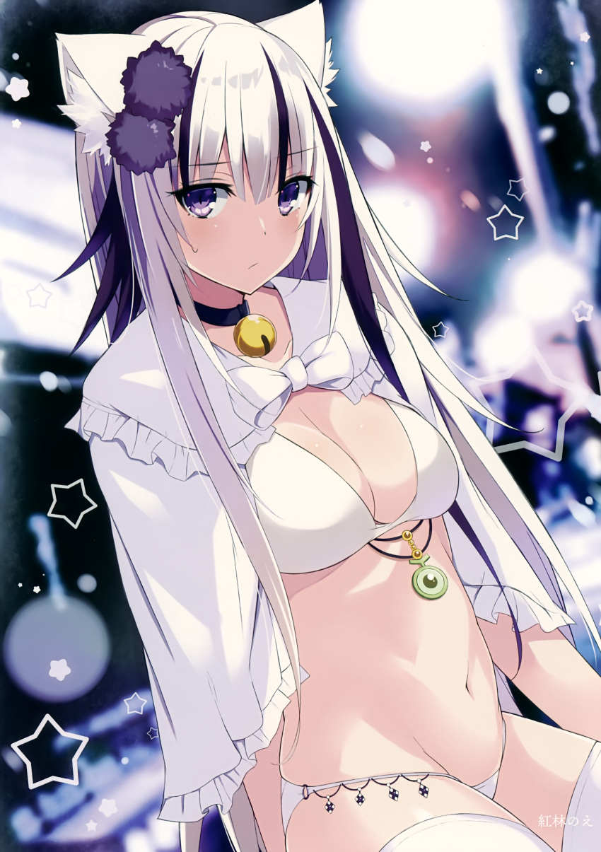 1girl absurdres animal_ear_fluff animal_ears bangs bell black_choker blurry blush bra breasts capelet cat_ears choker cleavage closed_mouth collarbone cowboy_shot depth_of_field eyebrows_visible_through_hair frilled_capelet frills groin hair_between_eyes hair_ornament highres jewelry jingle_bell kurebayashi_noe long_hair looking_at_viewer medium_breasts multicolored_hair navel original panties pom_pom_(clothes) purple_hair scan sidelocks silver_hair sitting solo star stomach sweatdrop thigh-highs two-tone_hair underwear very_long_hair violet_eyes white_bra white_capelet white_legwear white_panties