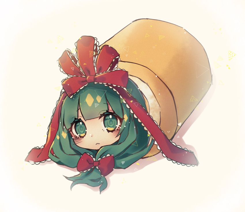 1girl :&lt; bangs beige_background blush bow cake commentary_request eyebrows_visible_through_hair food green_eyes green_hair hair_bow hair_ribbon highres in_food kagiyama_hina kyouda_suzuka long_hair looking_at_viewer lying on_stomach red_bow red_ribbon ribbon shadow solo swiss_roll touhou