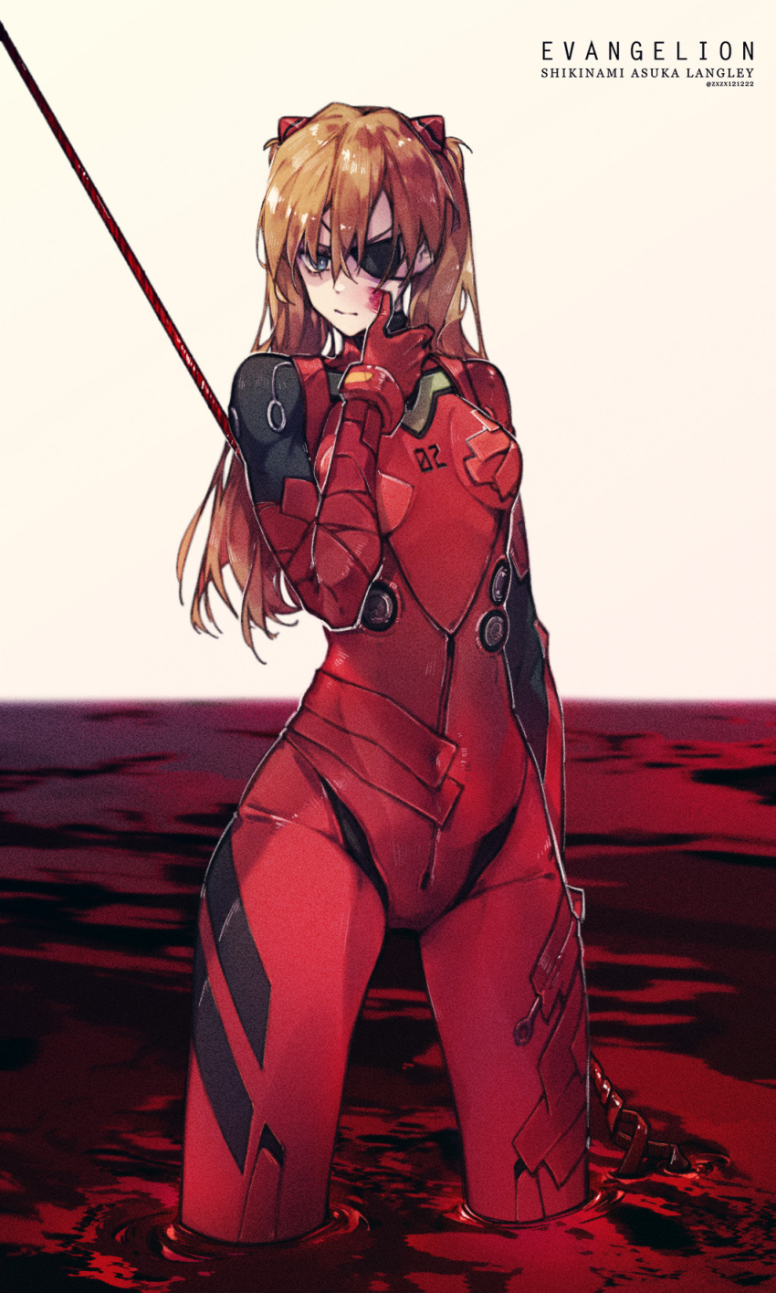 &gt;:) 1girl arm_at_side artist_name bangs blood blood_on_face blue_eyes bodysuit breasts brown_hair character_name closed_mouth copyright_name covered_navel grey_background hair_between_eyes hair_ornament hand_up highres holding holding_weapon lcl long_hair neon_genesis_evangelion one_eye_covered plugsuit polearm red_bodysuit shaded_face simple_background skin_tight small_breasts smile solo souryuu_asuka_langley spear twintails v-shaped_eyebrows wading weapon wiping_face zxzx121222