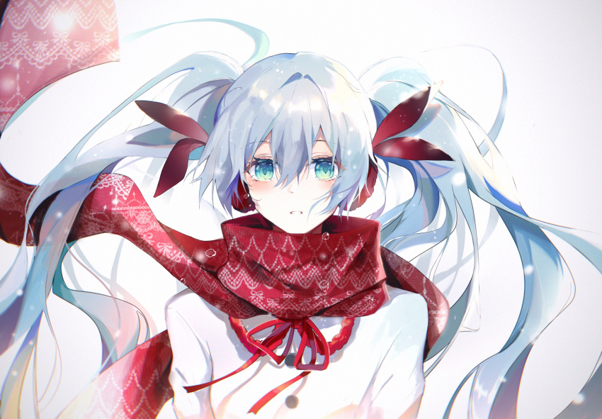 1girl alternate_costume aqua_eyes azure_silan bangs blue_hair blush colored_eyelashes commentary_request crying crying_with_eyes_open earmuffs eyebrows_visible_through_hair gradient gradient_background hair_between_eyes hair_ribbon hatsune_miku highres long_hair parted_lips print_scarf red_ribbon red_scarf ribbon scarf solo tears twintails upper_body very_long_hair vocaloid white_background white_coat