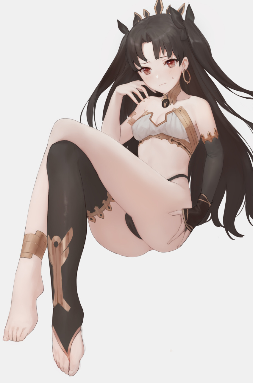 absurdres anklet anouetto armlet asymmetrical_legwear asymmetrical_sleeves barefoot bridal_gauntlets commentary_request detached_collar earrings elbow_gloves error fate/grand_order fate_(series) feet gloves highres hoop_earrings ishtar_(fate/grand_order) jewelry neck_ring revision single_elbow_glove single_thighhigh thigh-highs toeless_legwear toosaka_rin