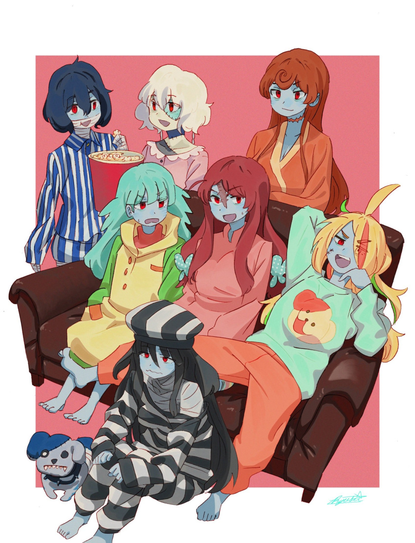 6+girls ahoge animal_print bandage black_hair blonde_hair blue_skin bow brown_hair couch dog dog_print eyebrows_visible_through_hair eyes_visible_through_hair facial_scar fangs food forehead_scar hair_between_eyes hair_over_one_eye highres hoshikawa_lily konno_junko long_hair looking_at_viewer low_twintails minamoto_sakura mizuno_ai multicolored_hair multiple_girls neck_scar nikaidou_saki open_mouth patchwork_skin polka_dot polka_dot_bow popcorn red_eyes redhead romero_(zombie_land_saga) ryusei_hashida scar scar_on_cheek short_hair signature silver_hair smile streaked_hair striped twintails yamada_tae yuugiri_(zombie_land_saga) zombie zombie_land_saga