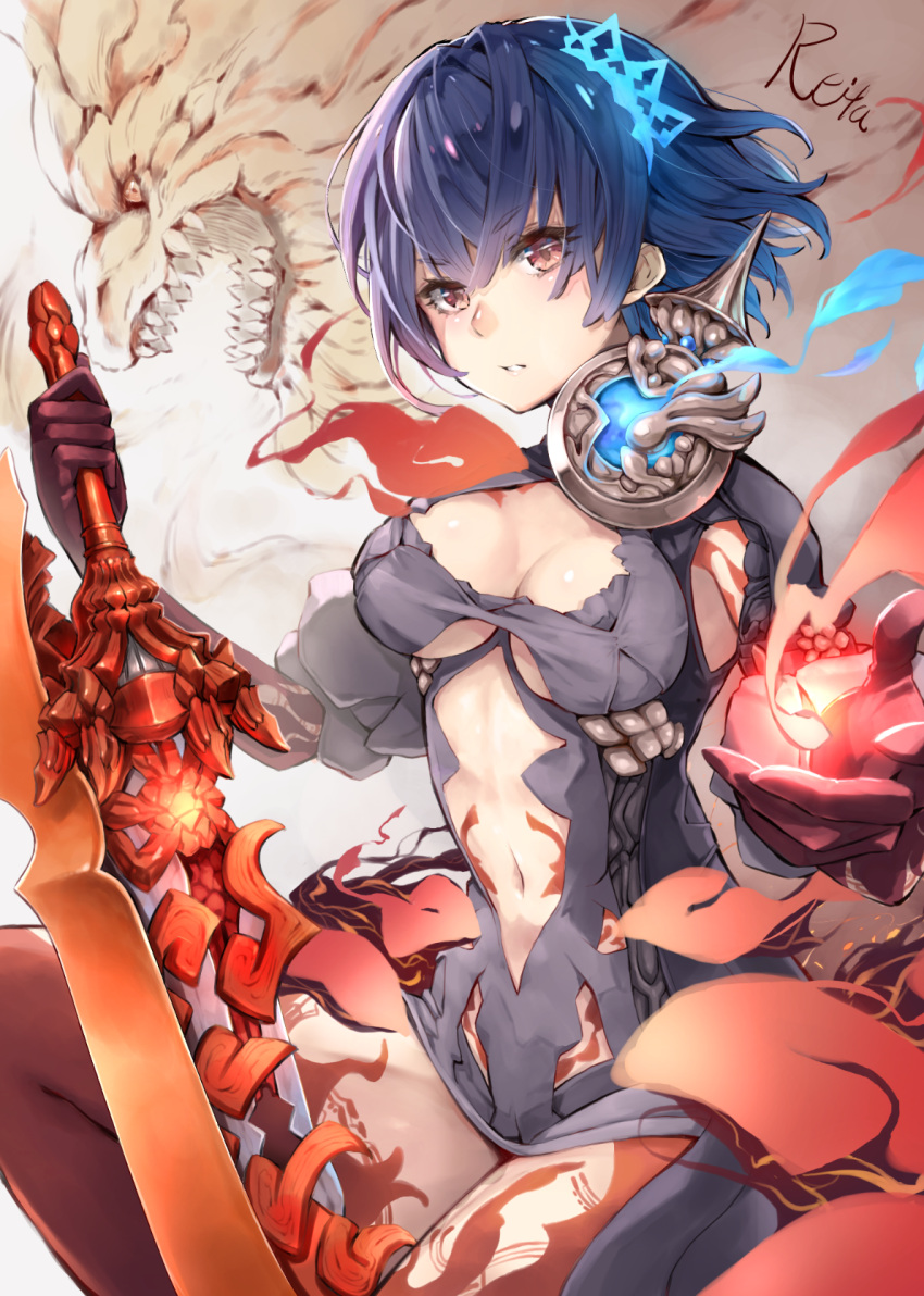 1girl alice_(sinoalice) blue_hair breasts brooch cleavage dark_persona eyebrows_visible_through_hair fangs fire hair_ornament half-nightmare highres holding holding_sword holding_weapon hoshizaki_reita huge_weapon jewelry lion looking_at_viewer medium_breasts multicolored multicolored_skin navel navel_cutout parted_lips red_eyes red_skin revealing_clothes short_hair sinoalice sitting sword tattoo weapon