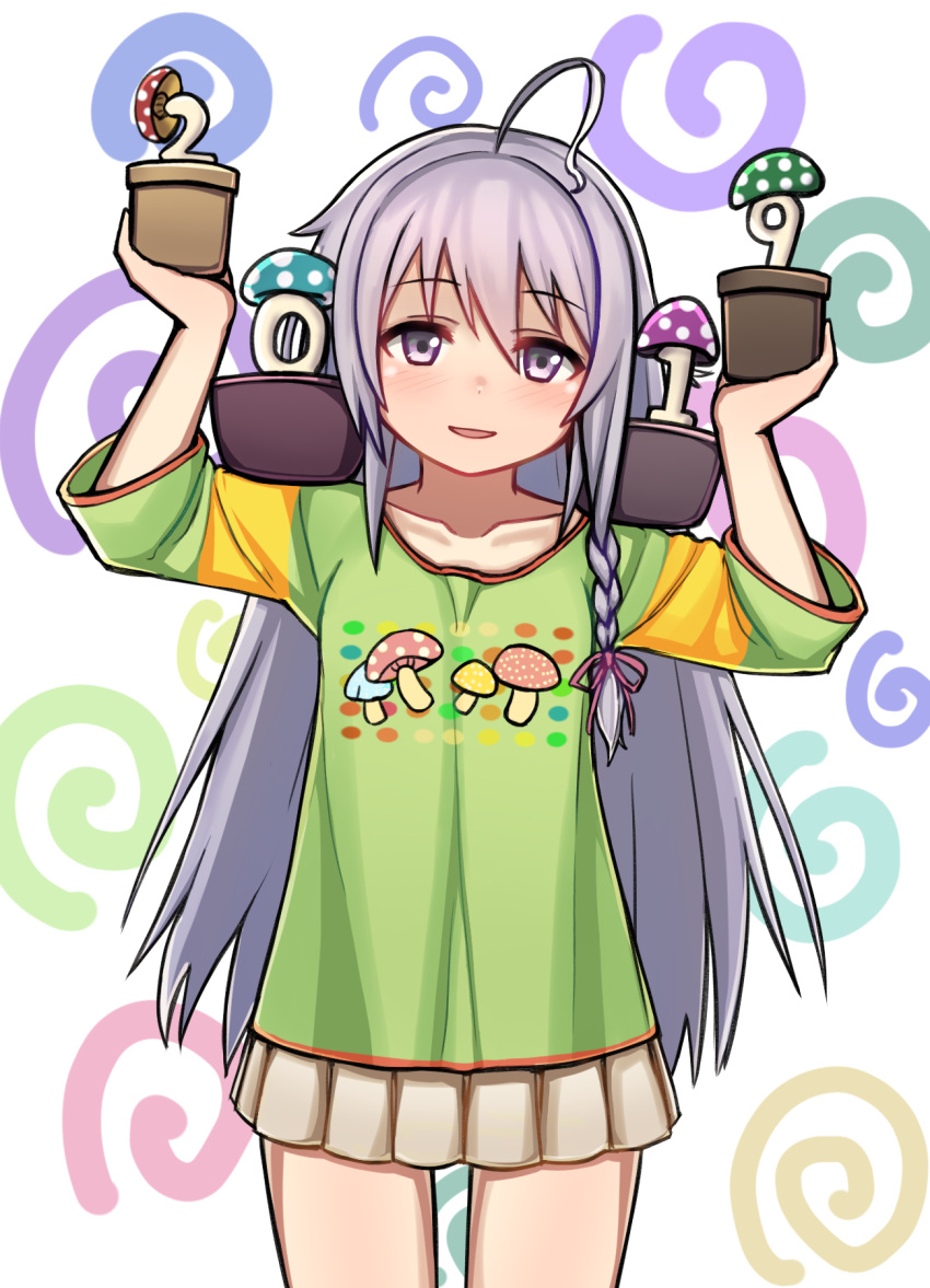 1girl 2019 ahoge bangs blush braid collarbone commentary_request cowboy_shot eyebrows_visible_through_hair food_print green_shirt grey_eyes hair_between_eyes hair_intakes hair_ribbon hands_up head_tilt highres holding hoshi_shouko idolmaster idolmaster_cinderella_girls legs_apart long_hair looking_at_viewer manme miniskirt mushroom mushroom_print parted_lips plant pleated_skirt potted_plant red_ribbon ribbon shirt sidelocks silver_hair skirt smile solo standing white_background white_skirt