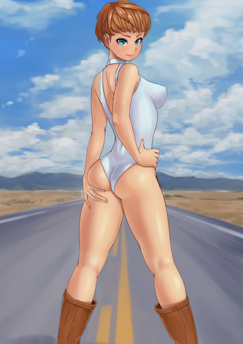 1girl aqua_eyes ass bare_arms bare_shoulders blue_sky boots breasts brown_footwear brown_hair closed_mouth clouds cloudy_sky commentary_request day erect_nipples fingernails hand_on_hip hand_on_own_ass highres highway humanbody leotard lips looking_at_viewer looking_back medium_breasts mountain original outdoors shiny shiny_hair shiny_skin short_hair sky smile solo thighs white_leotard