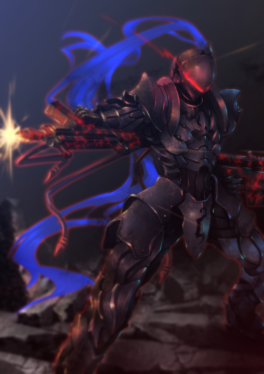 1boy absurdres aiyat_@_maotto armor berserker_(fate/zero) black_armor cropped_legs dual_wielding fate/zero fate_(series) full_armor gauntlets gloves greaves gun helmet highres holding holding_gun holding_weapon male_focus solo weapon
