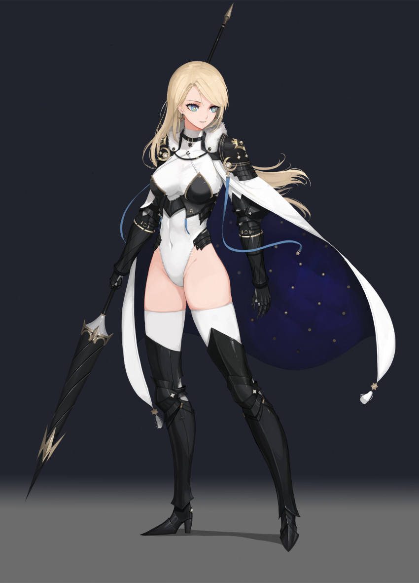 +_+ 1girl akai2930 armored_boots blonde_hair blue_eyes boots cape choker covered_navel earrings fur_collar gauntlets high_heels highleg highleg_leotard highres holding holding_weapon jewelry knight lance leotard long_hair looking_to_the_side original parted_lips polearm shoulder_armor simple_background small_hands thigh-highs thigh_boots weapon