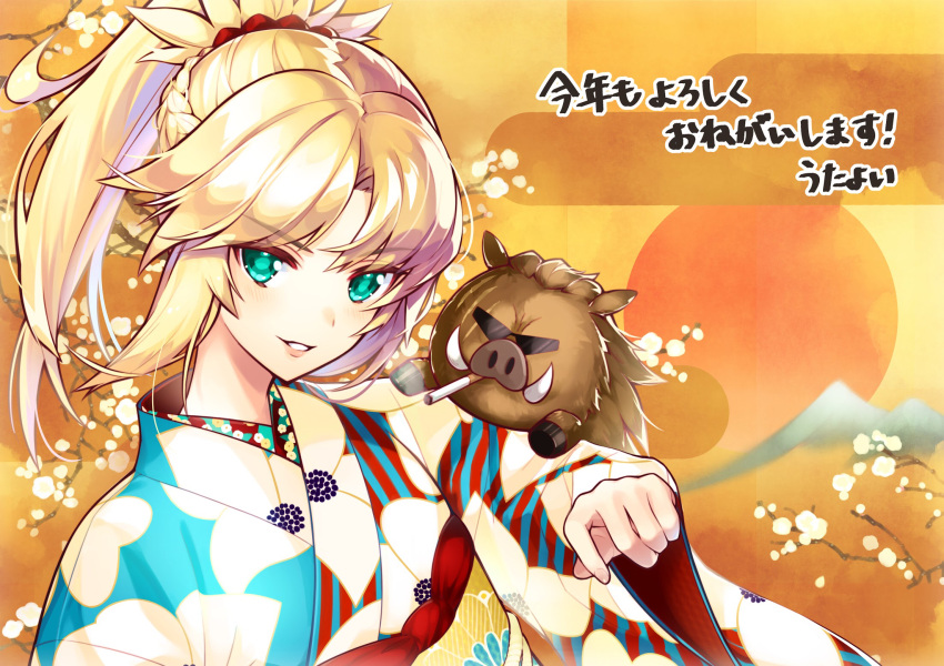 1girl animal bangs blonde_hair blue_kimono blush boar braid cigarette commentary_request egasumi eyebrows_visible_through_hair fate/apocrypha fate_(series) floral_print green_eyes high_ponytail highres japanese_clothes kimono long_hair long_sleeves looking_at_viewer mordred_(fate) mordred_(fate)_(all) parted_lips ponytail print_kimono shishigou_kairi sidelocks smoke smoking sunglasses upper_body utayoi_(umakatare) wide_sleeves