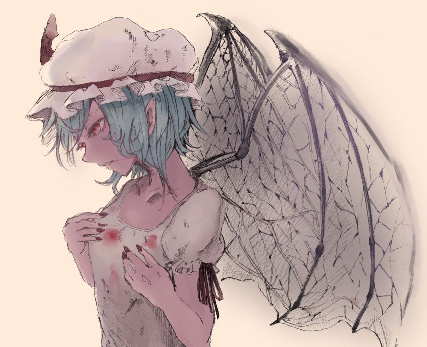 1girl bangs bat_wings blood blood_on_face bloody_clothes blue_hair breasts collarbone fingernails from_side hands_on_own_chest hat hat_ribbon highres mob_cap nail_polish pointy_ears puffy_short_sleeves puffy_sleeves red_eyes red_nails red_ribbon remilia_scarlet ribbon sharp_fingernails short_hair short_sleeves small_breasts solo touhou upper_body white_hat white_wings wings yuu_yuu910
