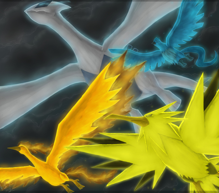 absurdres articuno bird clouds cloudy_sky commentary creature creatures_(company) dark_clouds eclipse4d english_commentary flying from_below game_freak gen_1_pokemon gen_2_pokemon highres legendary_pokemon looking_away lugia moltres night night_sky nintendo no_humans outdoors pokemon pokemon_(creature) sky zapdos