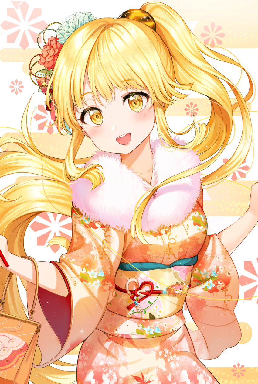 1girl :d absurdres bag bang_dream! bangs blonde_hair blush breasts collarbone cowboy_shot eyebrows_visible_through_hair floating_hair floral_print flower fur_collar hair_flower hair_ornament head_tilt highres holding japanese_clothes kimono long_hair long_sleeves looking_at_viewer michelle_(bang_dream!) obi open_mouth orange_kimono outstretched_arms ponytail print_kimono red_flower sanpaku sash sidelocks smile solo standing tokkyu_(user_mwwe3558) tsurumaki_kokoro upper_teeth very_long_hair wide_sleeves yellow_eyes