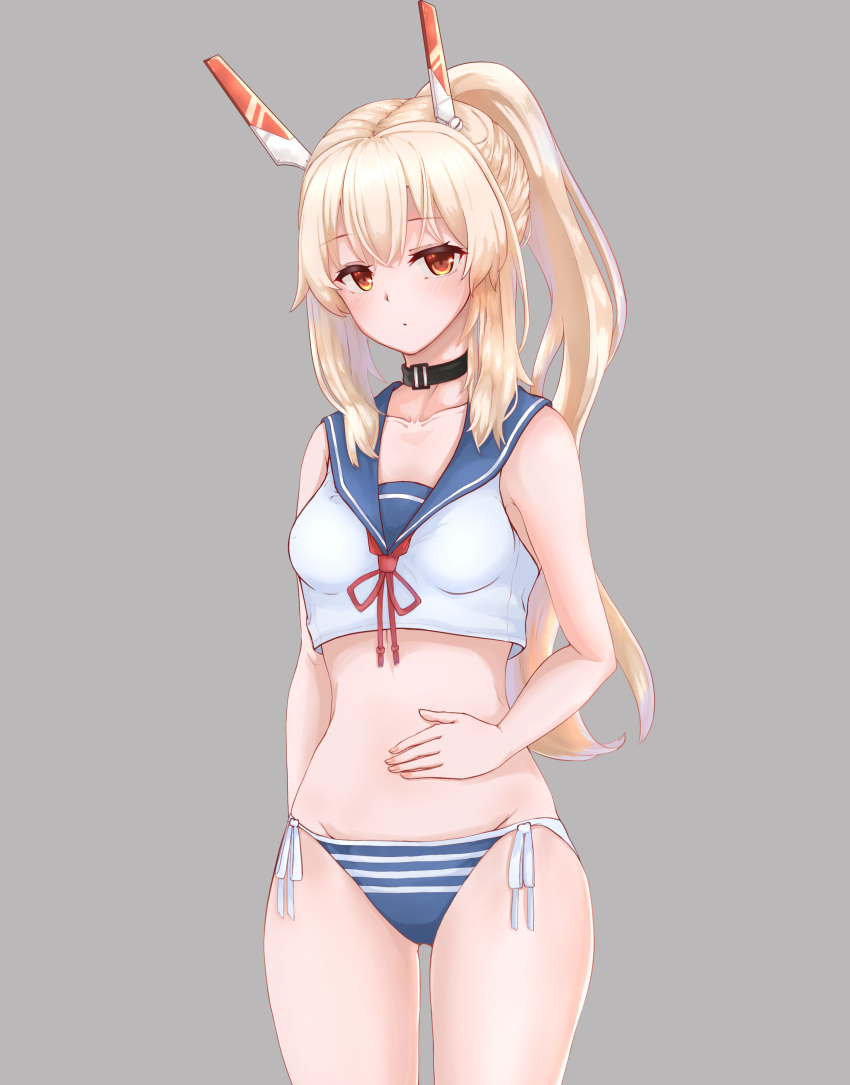 1girl absurdres arm_behind_back ayanami_(azur_lane) azur_lane bangs bikini black_choker blonde_hair blue_bikini_bottom blush breasts choker closed_mouth commentary cowboy_shot eyebrows_visible_through_hair grey_background hand_on_own_stomach head_tilt headgear highres light_frown long_hair looking_at_viewer medium_breasts mismatched_bikini mssa_(mne123456) navel neck_ribbon ponytail red_eyes red_ribbon ribbon sailor_bikini sailor_collar side-tie_bikini sidelocks simple_background skindentation solo standing swimsuit thighs white_bikini_top