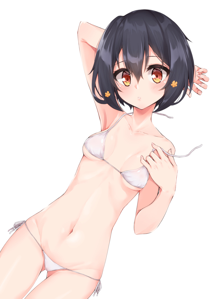 1girl absurdres arm_behind_head arm_up bangs bikini black_hair blush breasts brown_eyes brown_flower collarbone dutch_angle eyebrows_visible_through_hair fingernails flower gluteal_fold groin hair_between_eyes hair_flower hair_ornament hand_up highres hijouguti looking_at_viewer micro_bikini mizuno_ai navel parted_lips short_hair side-tie_bikini simple_background small_breasts solo swimsuit untied untied_bikini white_background white_bikini zombie_land_saga