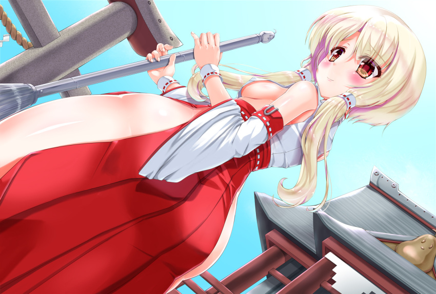 1girl alternate_costume ass azur_lane breasts broom commentary_request detached_sleeves dutch_angle hips huge_ass japanese_clothes juneau_(azur_lane) medium_breasts miko no_panties platinum_blonde_hair red_eyes rope short_hair_with_long_locks sideboob sky solo temple thick_thighs thighs tillitruins torii wide_hips