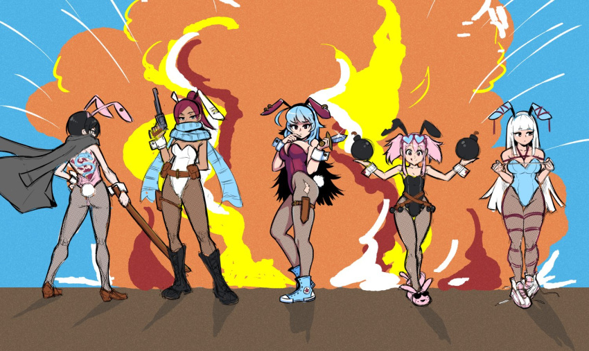 5girls akairiot animal_ears animal_slippers arm_behind_back back_tattoo bangs belt black_footwear black_hair black_jacket black_leotard blue_footwear blue_hair blue_leotard blue_scarf blunt_bangs boots breasts brown_footwear bunny_slippers bunny_tail bunnysuit character_request cherry_bomb cleavage collarbone copyright_request covered_mouth dark_skin explosion eyebrows_visible_through_hair eyewear_on_head facing_away fake_animal_ears fishnet_pantyhose fishnets gun hair_between_eyes hairband heart heart-shaped_eyewear holding holding_bomb holding_gun holding_knife holding_weapon jacket knife large_breasts leotard long_hair looking_at_viewer looking_away looking_to_the_side medium_breasts multicolored_hair multiple_girls pantyhose pink_footwear pink_hair pink_leotard ponytail rabbit_ears red_leotard redhead scarf scarf_over_mouth shoes short_hair sidelocks slippers small_breasts smile sneakers star strapless strapless_leotard tail tattoo tongue tongue_out torn_clothes torn_legwear twintails two-tone_hair untied_shoes very_long_hair weapon white_hair white_leotard wrist_cuffs