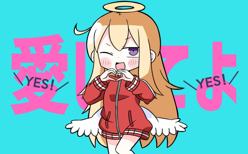 1girl ;d angel_wings background_text bangs blonde_hair blue_background blush_stickers commentary_request eyebrows_visible_through_hair gabriel_dropout hair_between_eyes halo hana_kazari hands_up heart heart_hands highres jacket long_hair long_sleeves looking_at_viewer low_wings one_eye_closed open_mouth red_jacket smile solo tenma_gabriel_white track_jacket translated very_long_hair violet_eyes white_wings wings