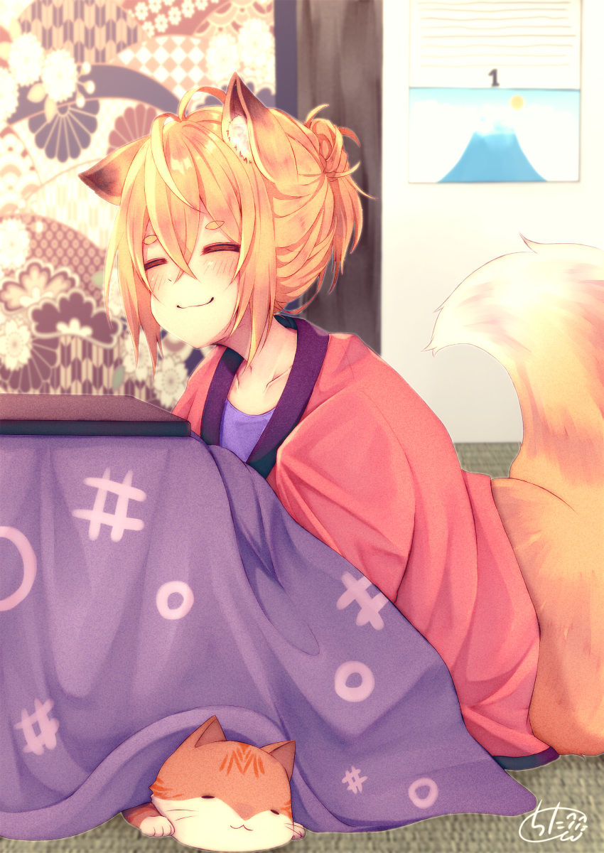 1girl =_= animal animal_ear_fluff animal_ears bangs blurry blurry_background blush brown_hair cat chita_(ketchup) closed_eyes closed_mouth collarbone commentary_request depth_of_field eyebrows_visible_through_hair fox_ears fox_girl fox_tail hair_between_eyes haori highres indoors japanese_clothes original purple_shirt shirt short_eyebrows signature sitting smile solo tail tail_raised thick_eyebrows