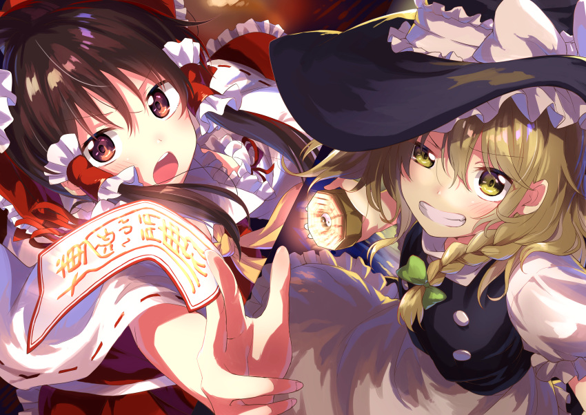 2girls absurdres apron arm_up between_fingers black_vest blonde_hair braid brown_hair commentary_request cravat detached_sleeves frilled_skirt frills glowing grin hair_between_eyes hair_ribbon hair_tubes hakurei_reimu hat hat_ribbon highres holding kirisame_marisa long_hair looking_at_viewer mini-hakkero multiple_girls ofuda open_mouth outstretched_arm puffy_short_sleeves puffy_sleeves red_eyes red_skirt red_vest ribbon ribbon-trimmed_sleeves ribbon_trim sakurano_itsuki shirt short_hair short_sleeves single_braid skirt smile teeth touhou tress_ribbon uneven_eyes upper_teeth vest waist_apron white_shirt witch_hat yellow_eyes yellow_neckwear