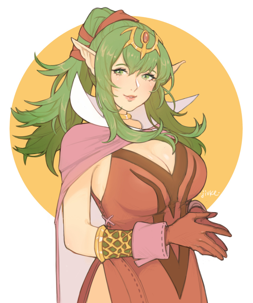 1girl breasts cape chiki choker cleavage dress fire_emblem fire_emblem:_kakusei fire_emblem:_mystery_of_the_emblem fire_emblem_heroes gloves green_eyes green_hair highres jivke large_breasts lips long_hair looking_at_viewer mamkute nintendo parted_lips pink_dress pointy_ears ponytail red_dress red_gloves shiny shiny_skin short_dress side_slit sidelocks signature simple_background smile solo tiara