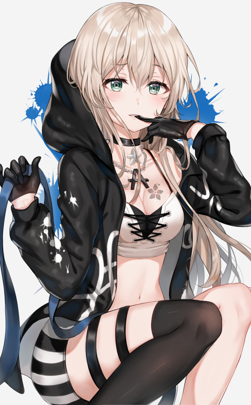 1girl absurdres alternate_hair_length alternate_hairstyle aoba_moca bang_dream! bangs bare_shoulders biting black_choker black_coat black_gloves black_legwear blonde_hair blush breast_tattoo breasts chain_necklace choker coat collarbone crop_top eyebrows_visible_through_hair glove_biting gloves green_eyes hair_between_eyes hands_up highres holding hood hood_up hooded_coat jewelry long_hair looking_at_viewer medium_breasts midriff navel necklace open_clothes open_coat paint_splatter parted_lips pink_lips short_shorts shorts sidelocks single_thighhigh smile solo stomach striped striped_shorts tareme tattoo thigh-highs thigh_strap tokkyu_(user_mwwe3558)